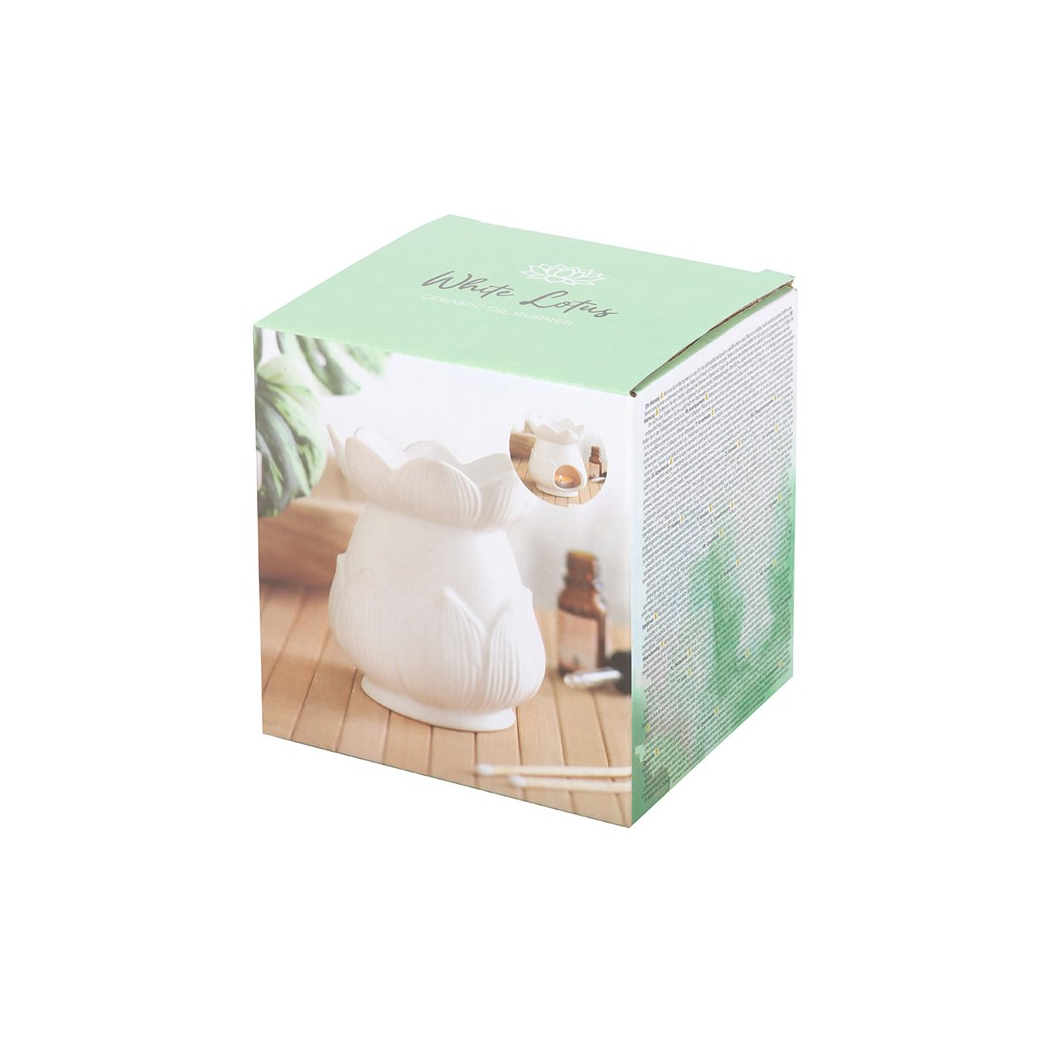 White ceramic lotus flower oil burner packaging on a white background 