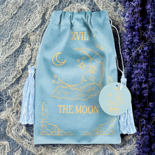 The Moon Tarot Velvet Drawstring Bag – Teal with Gold Detail