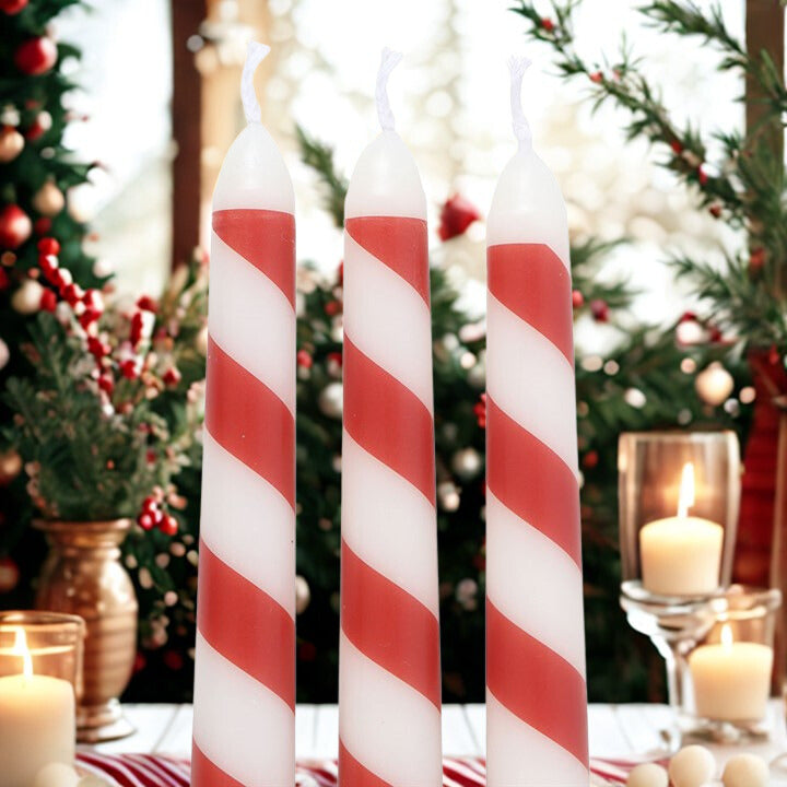 Candy Cane Stripe Taper Candle Set – 3 Unscented Festive Candles
