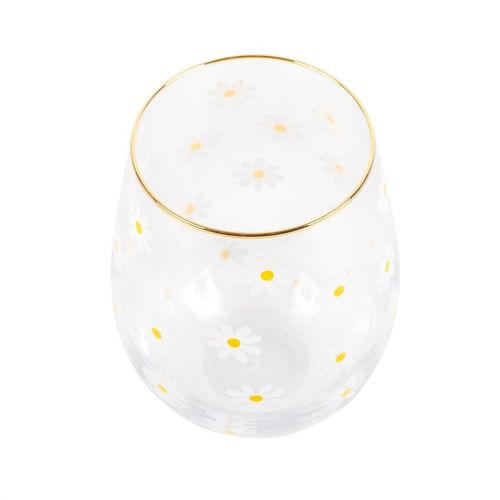 Daisy Print Stemless Glass with Gold Rim – 500ml