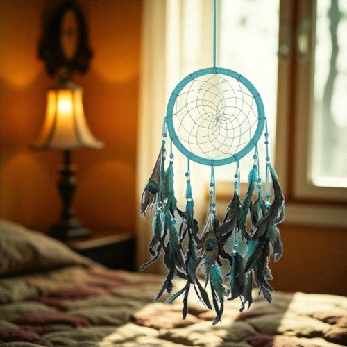 Vibrant Peacock Feather Dreamcatcher – Blues & Greens