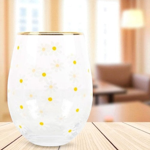 Daisy Print Stemless Glass with Gold Rim – 500ml