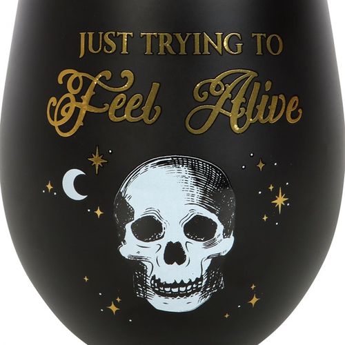 Black & Gold Stemless Wine Glass – ‘Just Trying to Feel Alive’ Skeleton Design (500ml)