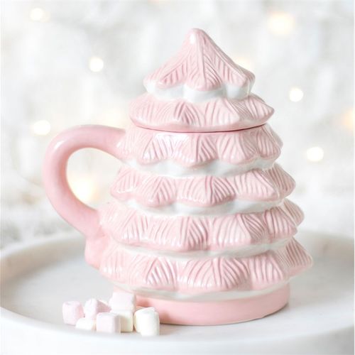 Pink Christmas Tree Lidded Mug – Festive Hot Cocoa Treat