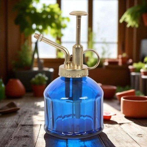 Vintage-Style Blue Glass Plant Mister with Gold Pump