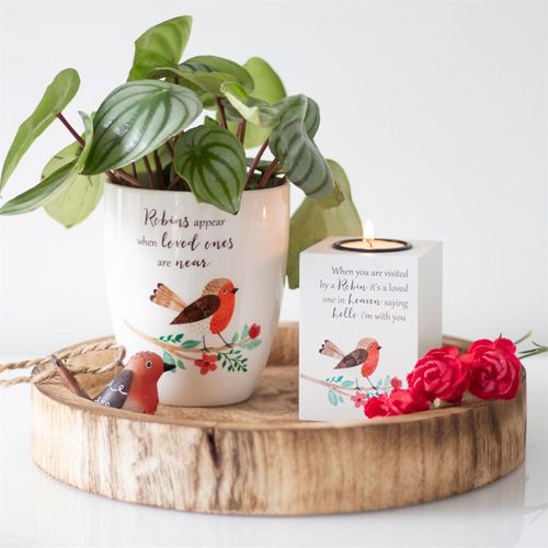 Decorative setup with a plant in a mug, small card, and flowers on a wooden tray.