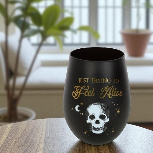 Black & Gold Stemless Wine Glass – ‘Just Trying to Feel Alive’ Skeleton Design (500ml)