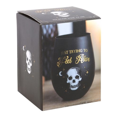 Black & Gold Stemless Wine Glass – ‘Just Trying to Feel Alive’ Skeleton Design (500ml)